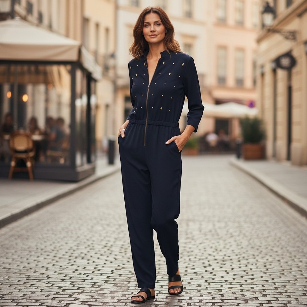 Saks Fifth Avenue Folio Collection Navy Blue Zip Front Cotton Jumpsuit Medium